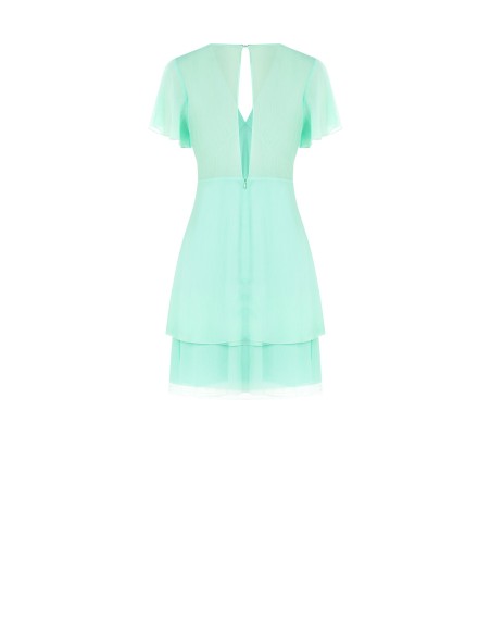 Vestido curto em georgette com dois folhos, decote em V e corte nas costas Rinascimento