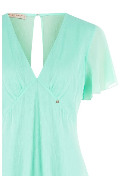 Vestido curto em georgette com dois folhos, decote em V e corte nas costas Rinascimento