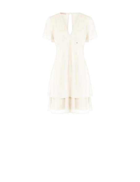 Vestido curto em georgette com dois folhos, decote em V e corte nas costas Rinascimento