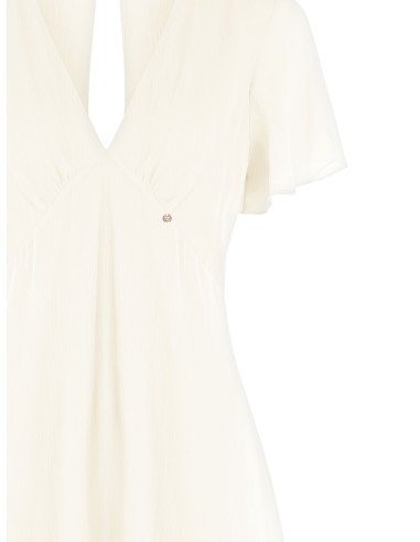 Vestido curto em georgette com dois folhos, decote em V e corte nas costas Rinascimento