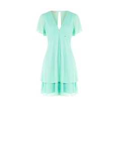 Vestido curto em georgette com dois folhos, decote em V e corte nas costas Rinascimento