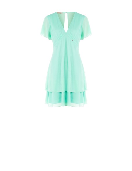 Vestido curto em georgette com dois folhos, decote em V e corte nas costas Rinascimento