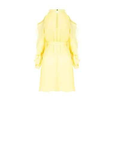 Vestido curto em georgette em linha A com corte e folhos nas mangas Rinascimento