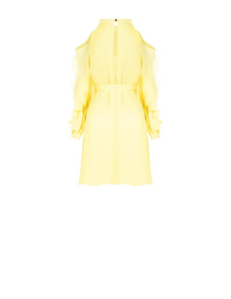 Vestido curto em georgette em linha A com corte e folhos nas mangas Rinascimento