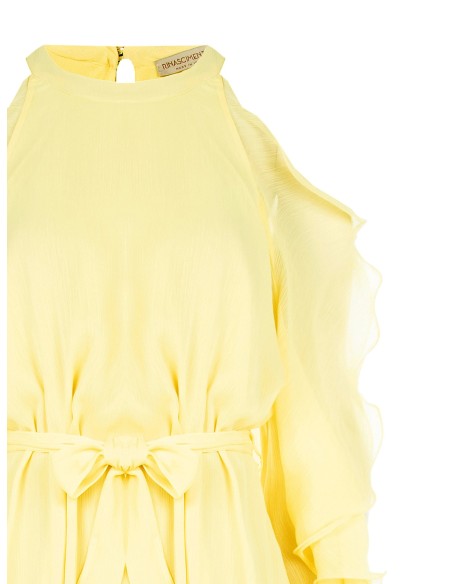 Vestido curto em georgette em linha A com corte e folhos nas mangas Rinascimento