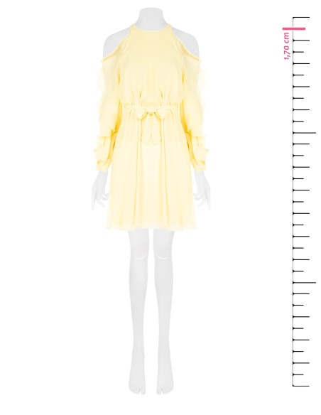 Vestido curto em georgette em linha A com corte e folhos nas mangas Rinascimento