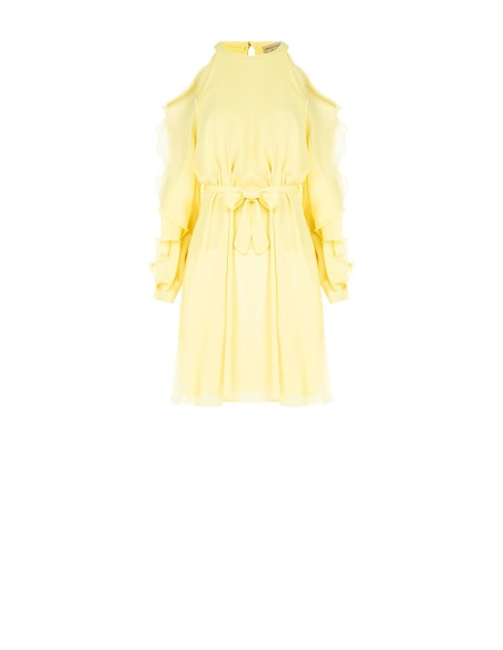 Vestido curto em georgette em linha A com corte e folhos nas mangas Rinascimento