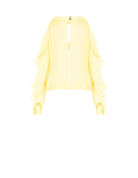 Blusa larga de georgette com recorte e folhos nas mangas Rinascimento