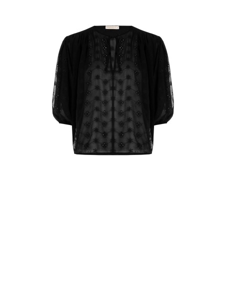 Blusa curta e larga de georgette bordada a flores Rinascimento