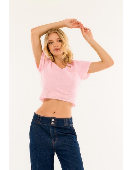 Kontatto de manga curta com decote em V recortado