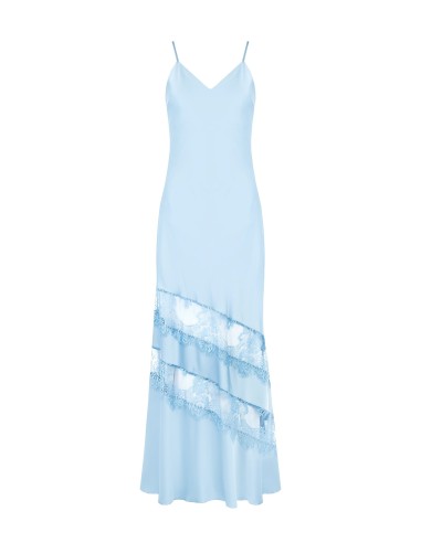 Vestido comprido de saiote de cetim com pormenores de renda Rinascimento