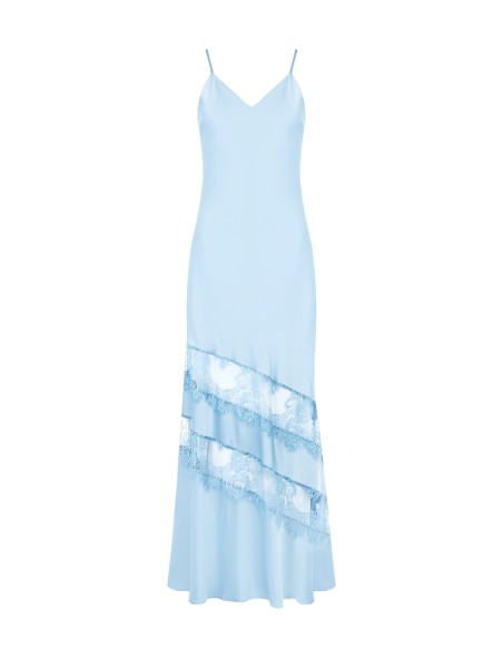 Vestido comprido de saiote de cetim com pormenores de renda Rinascimento