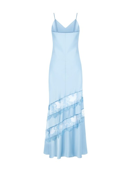 Vestido comprido de saiote de cetim com pormenores de renda Rinascimento