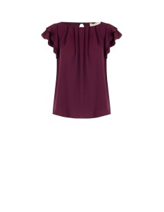 Blusa de cetim opaca, sem mangas e esvoaçante, com mangas com folhos Rinascimento