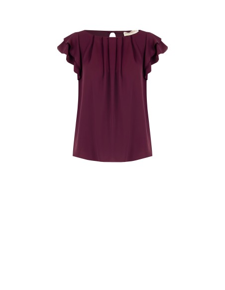 Blusa de cetim opaca, sem mangas e esvoaçante, com mangas com folhos Rinascimento