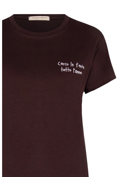 T-Shirt regular de algodão com coração bordado com slogan lilás de lado Rinascimento