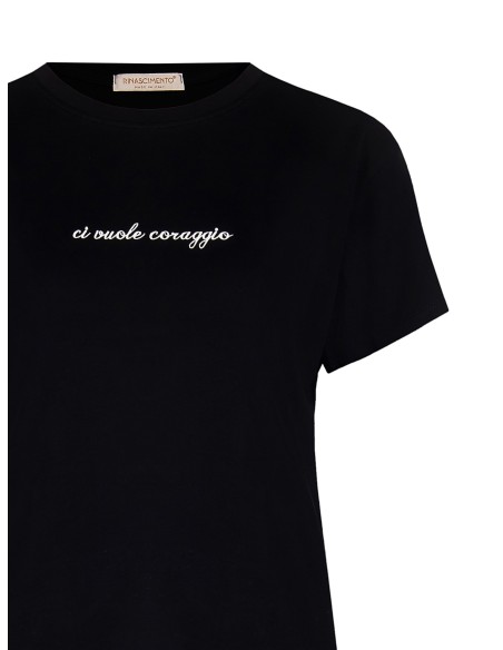 T-Shirt regular de algodão com slogan bordado a branco no centro Rinascimento