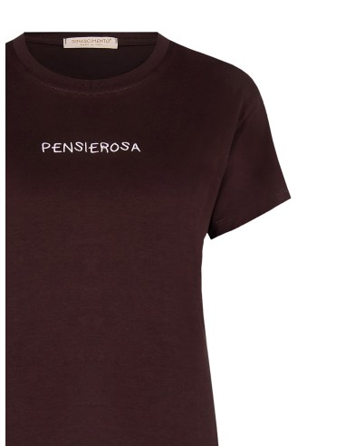 T-Shirt regular de algodão com slogan lilás bordado no centro Rinascimento