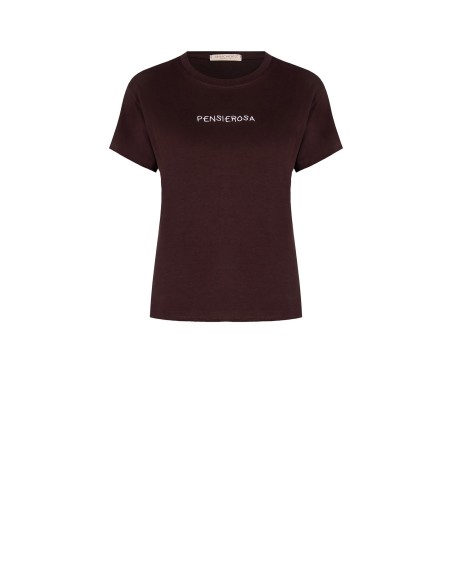 T-Shirt regular de algodão com slogan lilás bordado no centro Rinascimento