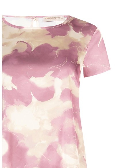 Blusa de cetim solta e esvoaçante com flores sombreadas e mangas curtas Rinascimento