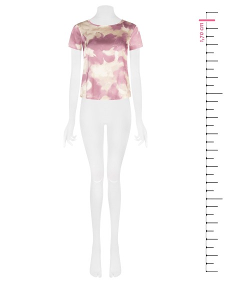 Blusa de cetim solta e esvoaçante com flores sombreadas e mangas curtas Rinascimento