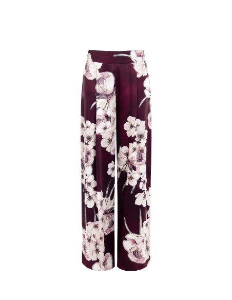Calças de cetim floral Palace com folhos Rinascimento