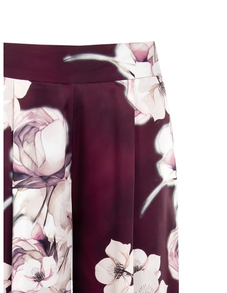 Calças de cetim floral Palace com folhos Rinascimento