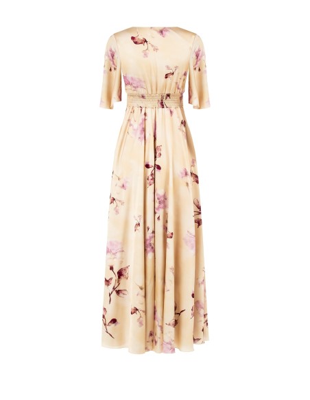 Vestido comprido império de cetim com flores grandes e decote em bico cruzado Rinascimento