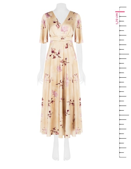 Vestido comprido império de cetim com flores grandes e decote em bico cruzado Rinascimento