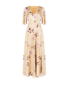 Vestido comprido império de cetim com flores grandes e decote em bico cruzado Rinascimento