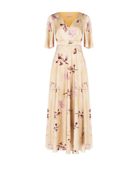 Vestido comprido império de cetim com flores grandes e decote em bico cruzado Rinascimento