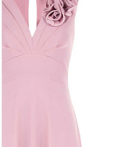 Vestido comprido em georgette com decote em V e rosas aplicadas Rinascimento