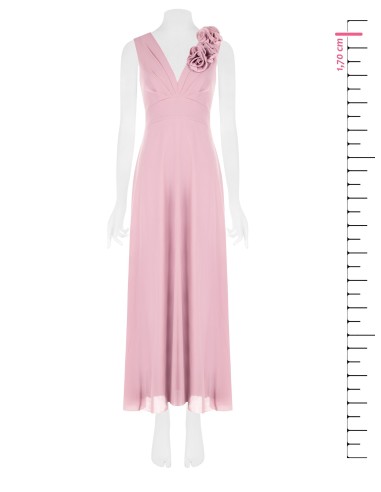 Vestido comprido em georgette com decote em V e rosas aplicadas Rinascimento