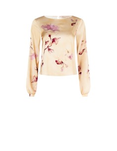 Blusa de cetim solta e esvoaçante com flores Rinascimento