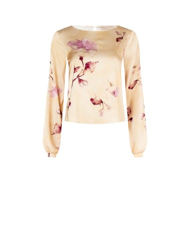 Blusa de cetim solta e esvoaçante com flores Rinascimento