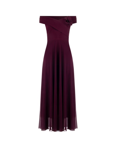 Vestido comprido em crepe e georgette com pregadeira de flores Rinascimento