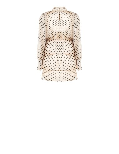 Vestido curto com folhos, em cetim às bolinhas, com mangas maxi Rinascimento