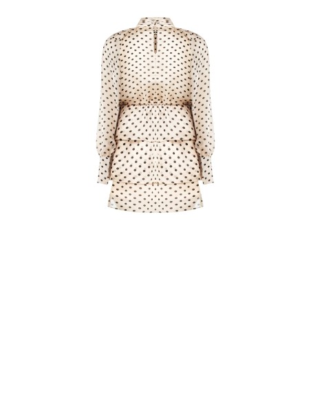 Vestido curto com folhos, em cetim às bolinhas, com mangas maxi Rinascimento