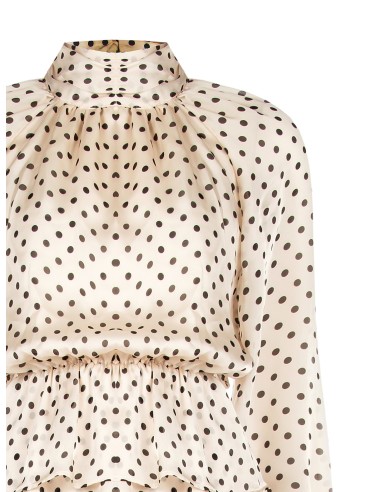 Vestido curto com folhos, em cetim às bolinhas, com mangas maxi Rinascimento