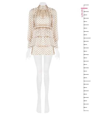 Vestido curto com folhos, em cetim às bolinhas, com mangas maxi Rinascimento