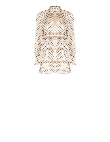 Vestido curto com folhos, em cetim às bolinhas, com mangas maxi Rinascimento