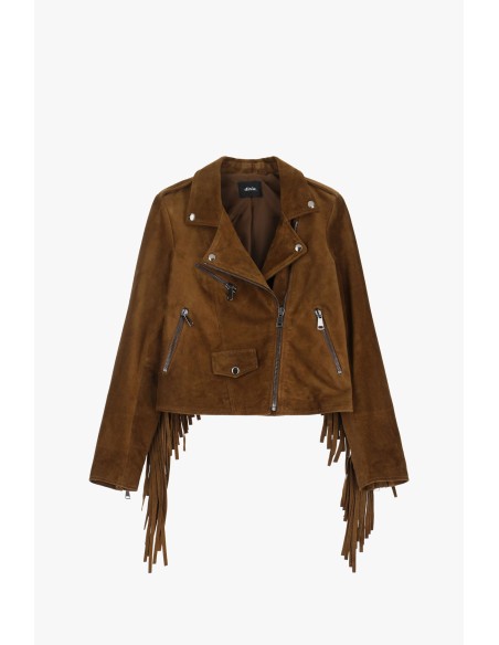 Casaco de cabedal com franjas e fecho de correr Dixie