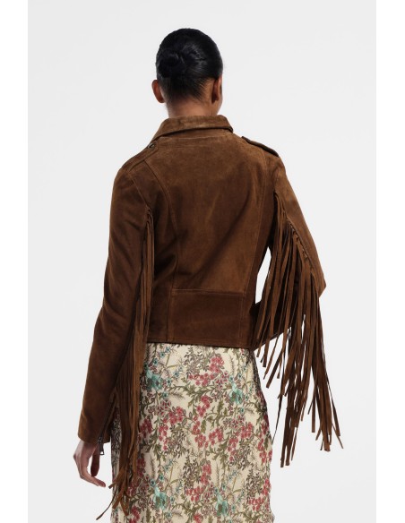 Casaco de cabedal com franjas e fecho de correr Dixie