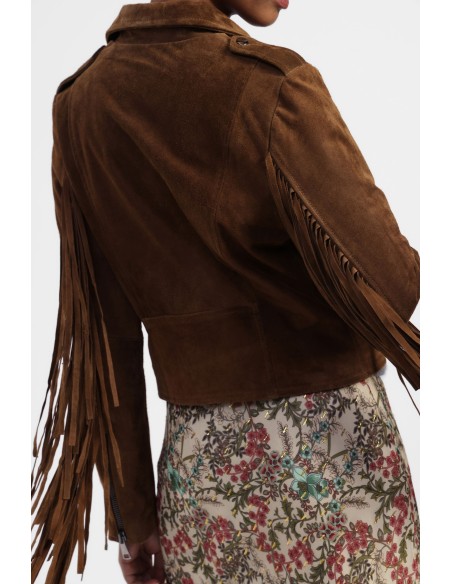 Casaco de cabedal com franjas e fecho de correr Dixie
