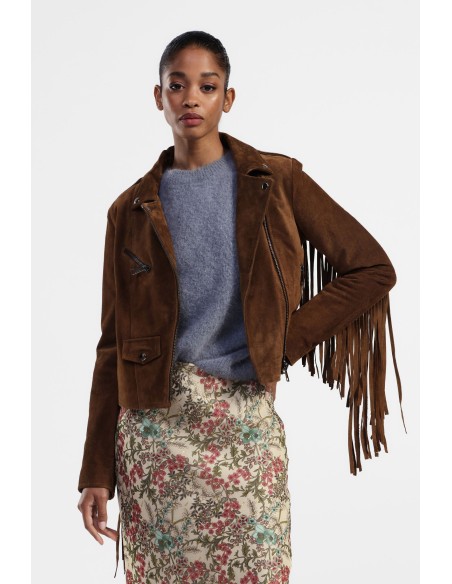 Casaco de cabedal com franjas e fecho de correr Dixie