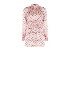 Vestido curto com folhos em cetim leve com bolinhas Maxi mangas Rinascimento