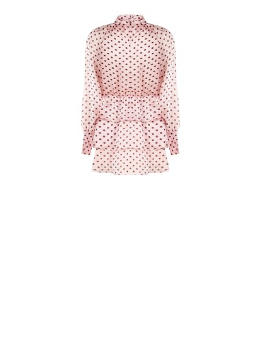 Vestido curto com folhos em cetim leve com bolinhas Maxi mangas Rinascimento