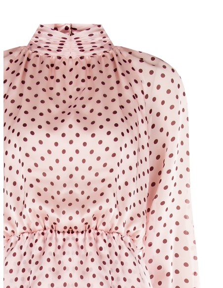 Vestido curto com folhos em cetim leve com bolinhas Maxi mangas Rinascimento