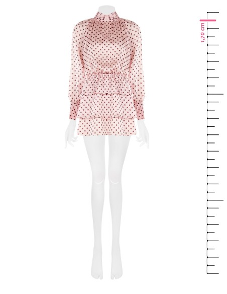 Vestido curto com folhos em cetim leve com bolinhas Maxi mangas Rinascimento