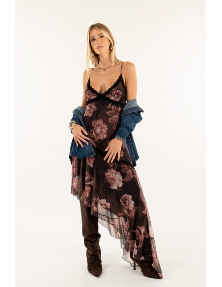 Vestido assimétrico de tule e renda Kontatto